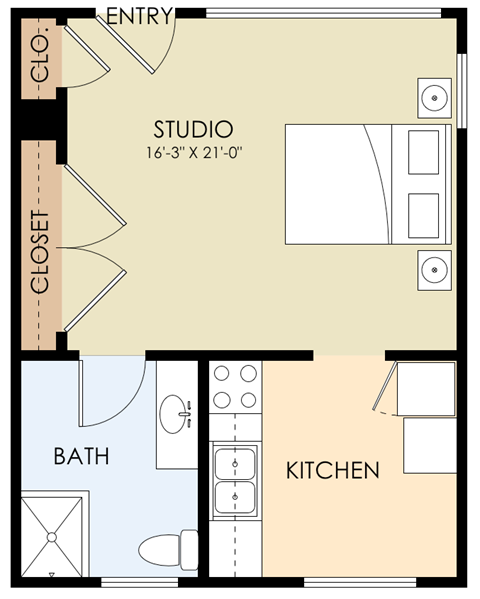 Floor plan for studio, 1 bath, 400 sqft